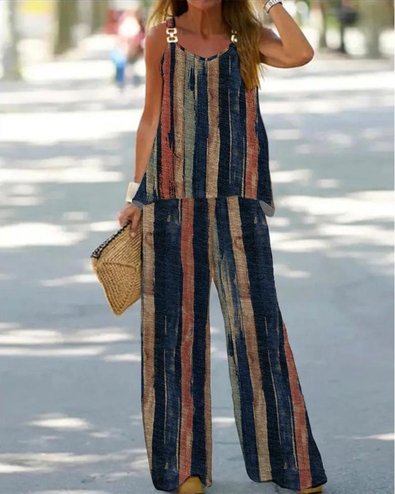 

Striped Chain Strap Tank & Wide Leg Pants Set, Dark blue