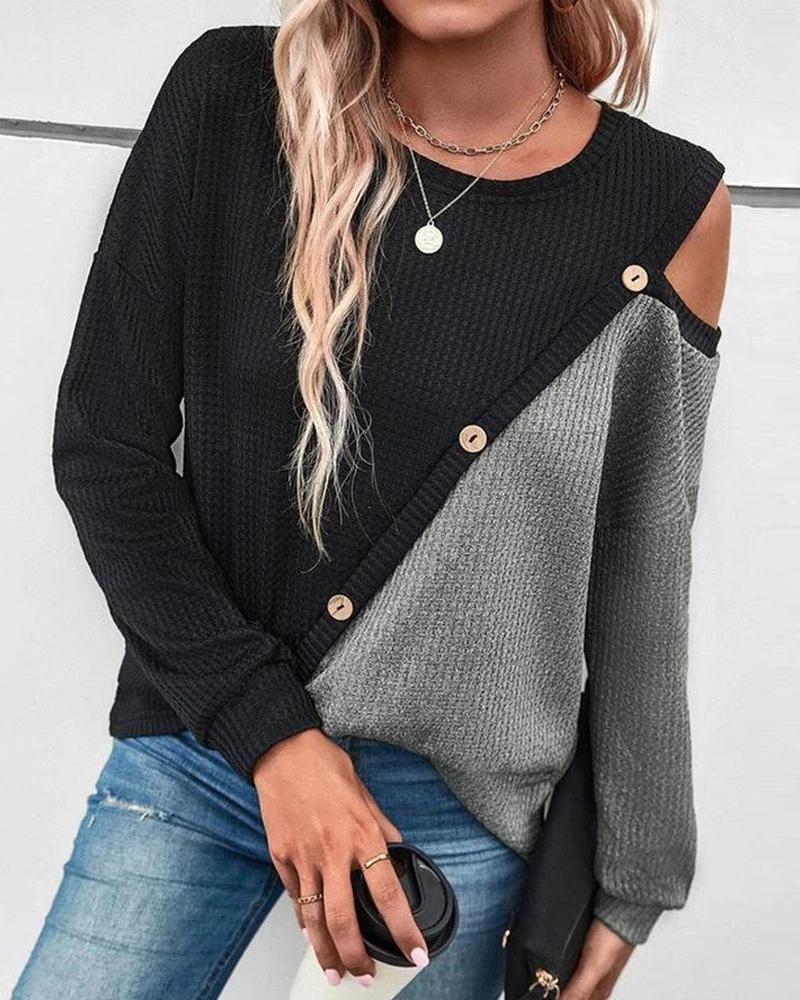 

Colorblock Button Decor Cold Shoulder Top, Black