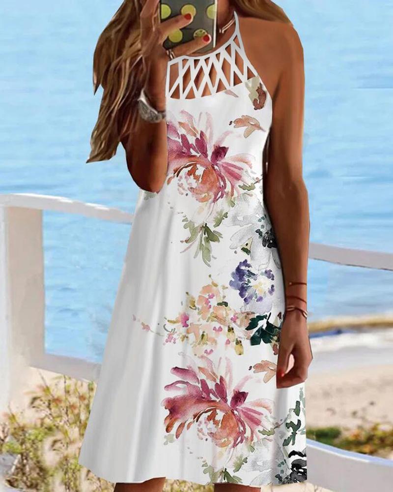 

Floral Print Hollow Out Sleeveless Casual Dress, White