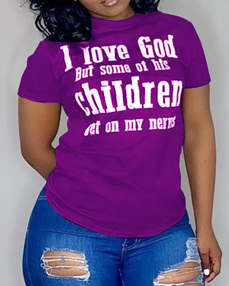 

Letter Print Short Sleeve T-shirt, Purple