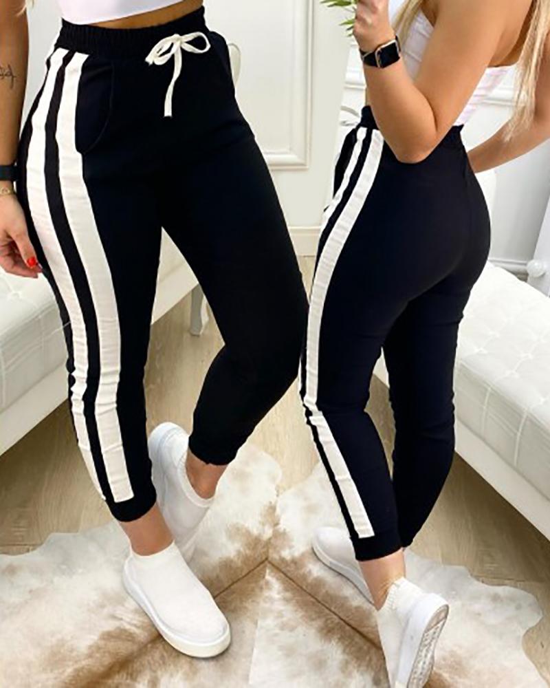 

Striped Pocket Design Drawstring Casual Pants, Black