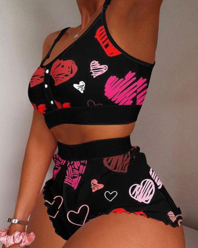 

Valentine' Day Heart Print Buttoned Cami Set, Black