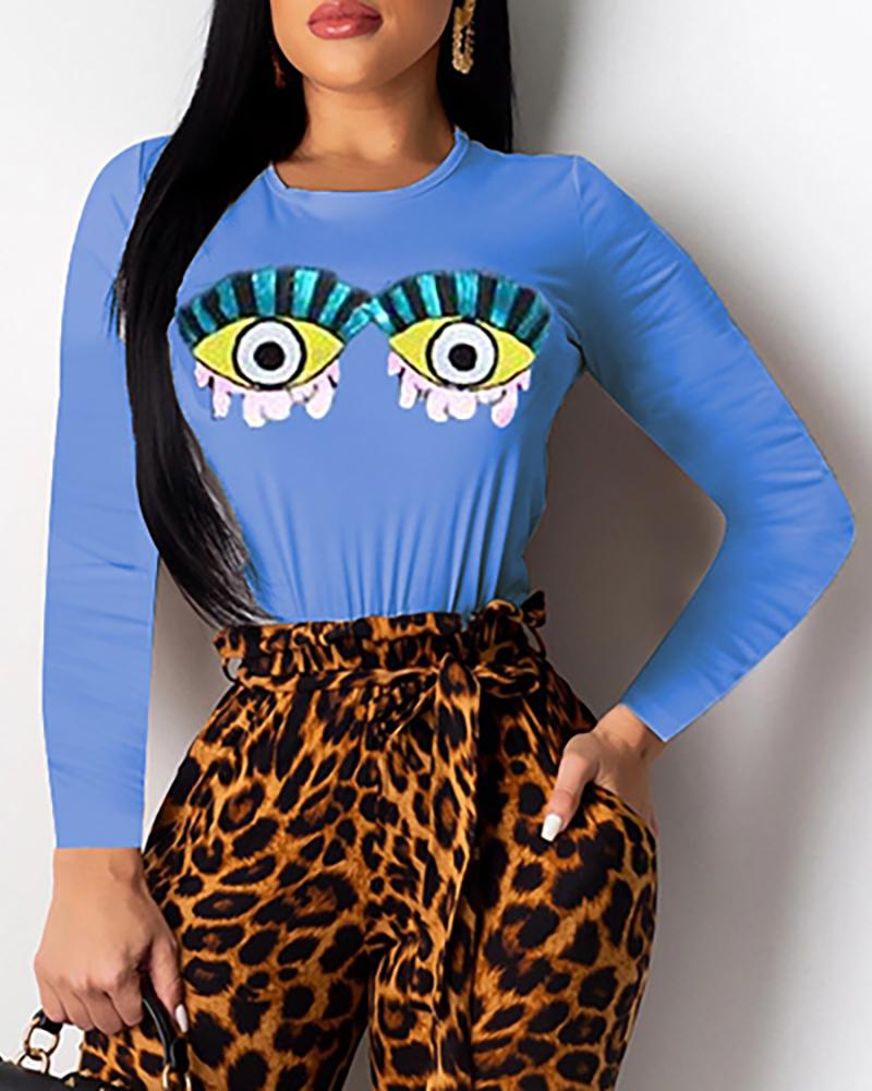 

Eyes Print Round Neck Long Sleeve T-shirt, Blue