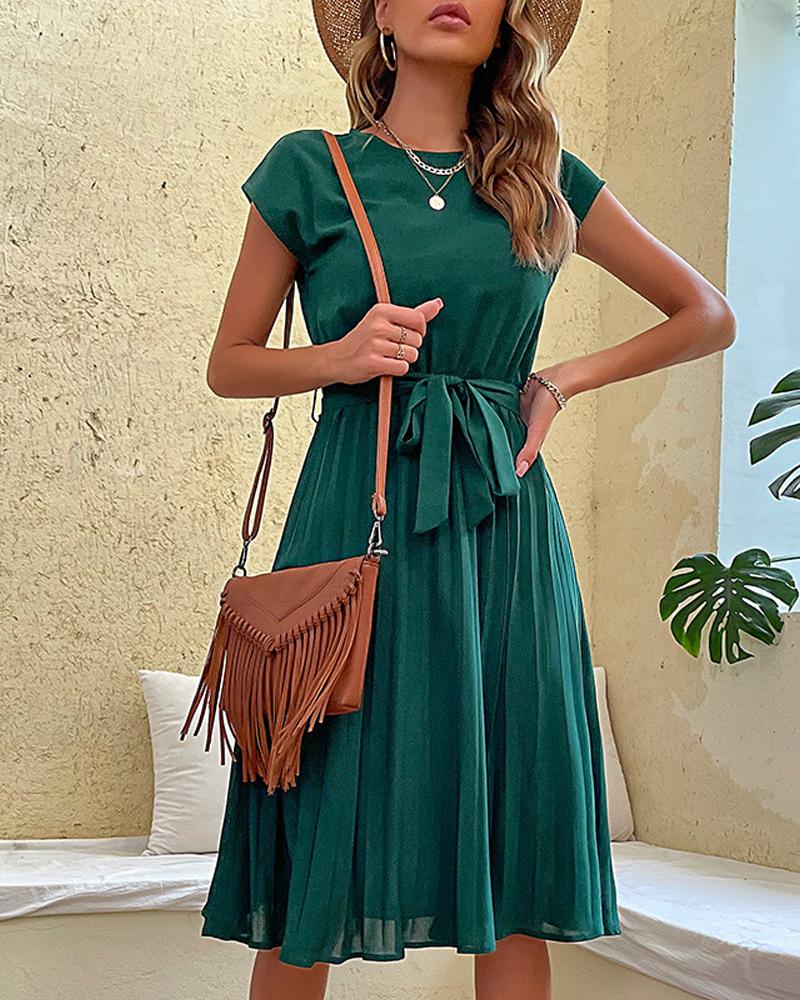 

Round Neck Tied Detail Pleated Casual Dress, Dark green