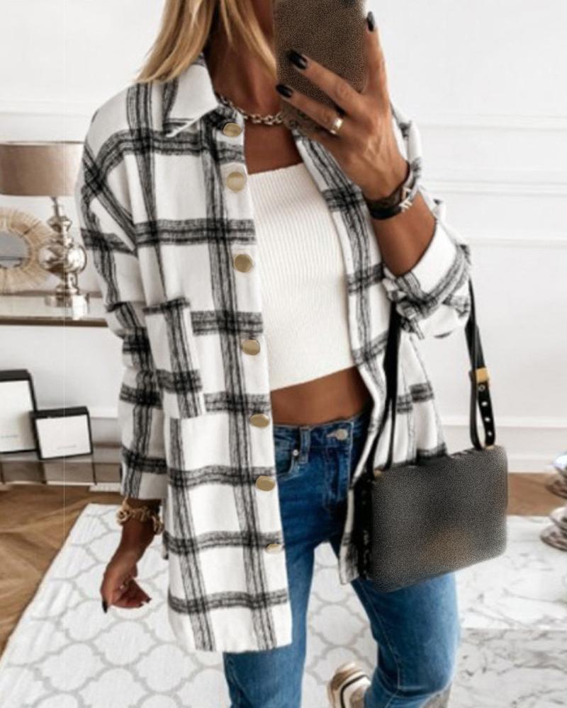 

Pocket Design Button Front Plaid Print Long Sleeve Shacket, Black
