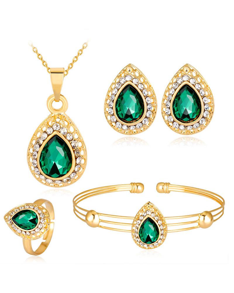 

4pcs Teardrop Gem Stone Pendant Necklace & Bracelet & Ring & Earring Jewelry Set, Green