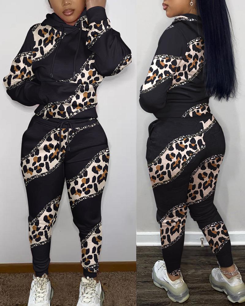 

Leopard Print Long Sleeve Hoodie & Pants Set, Black