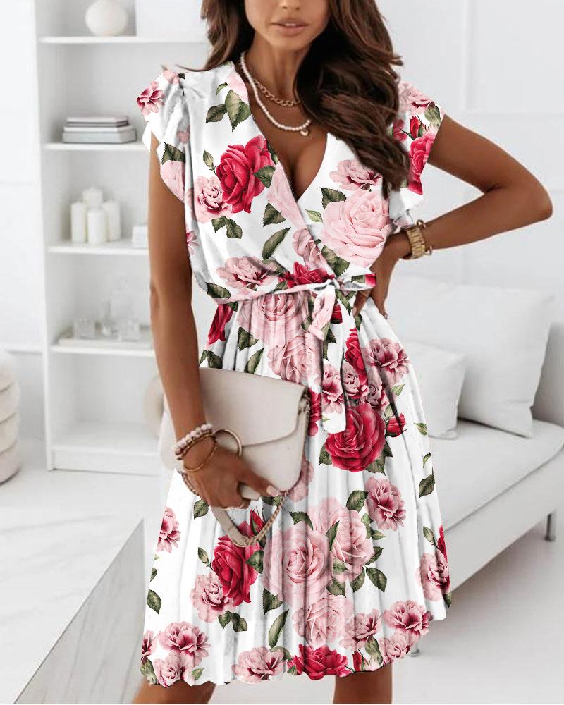 

Floral Print Pleated Belted Wrap Dress, Multicolor