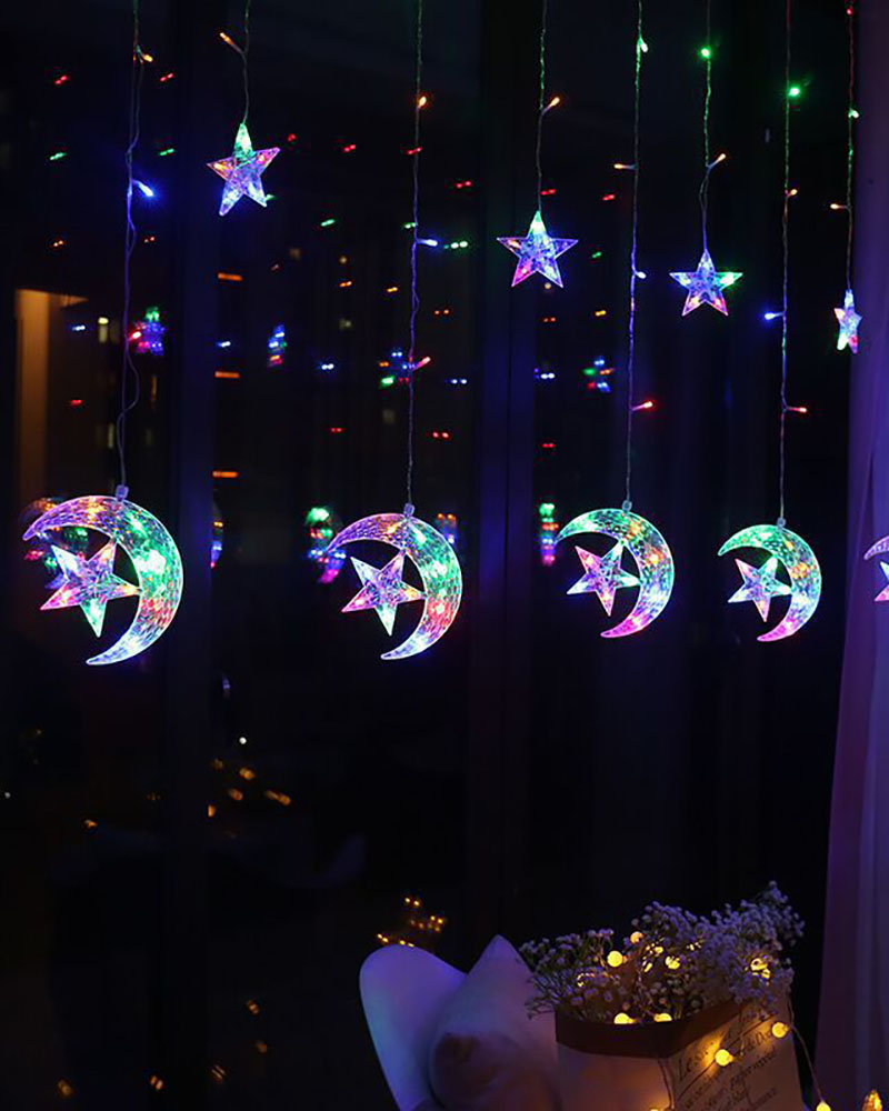 

Twinkle Star Moon Curtain String Lights Ornament For Christmas Wedding Party, Multicolor