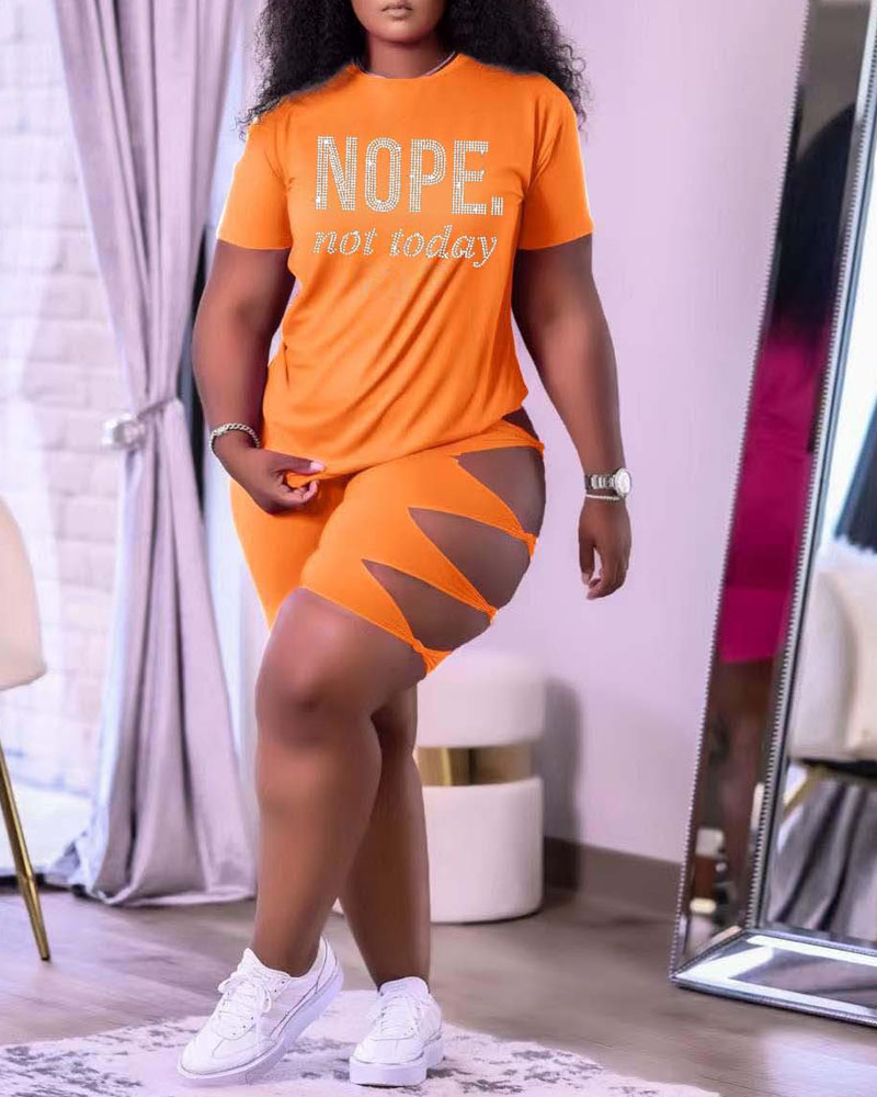 

Rhinestone Letter Pattern Casual Top & Cutout Shorts Set, Orange