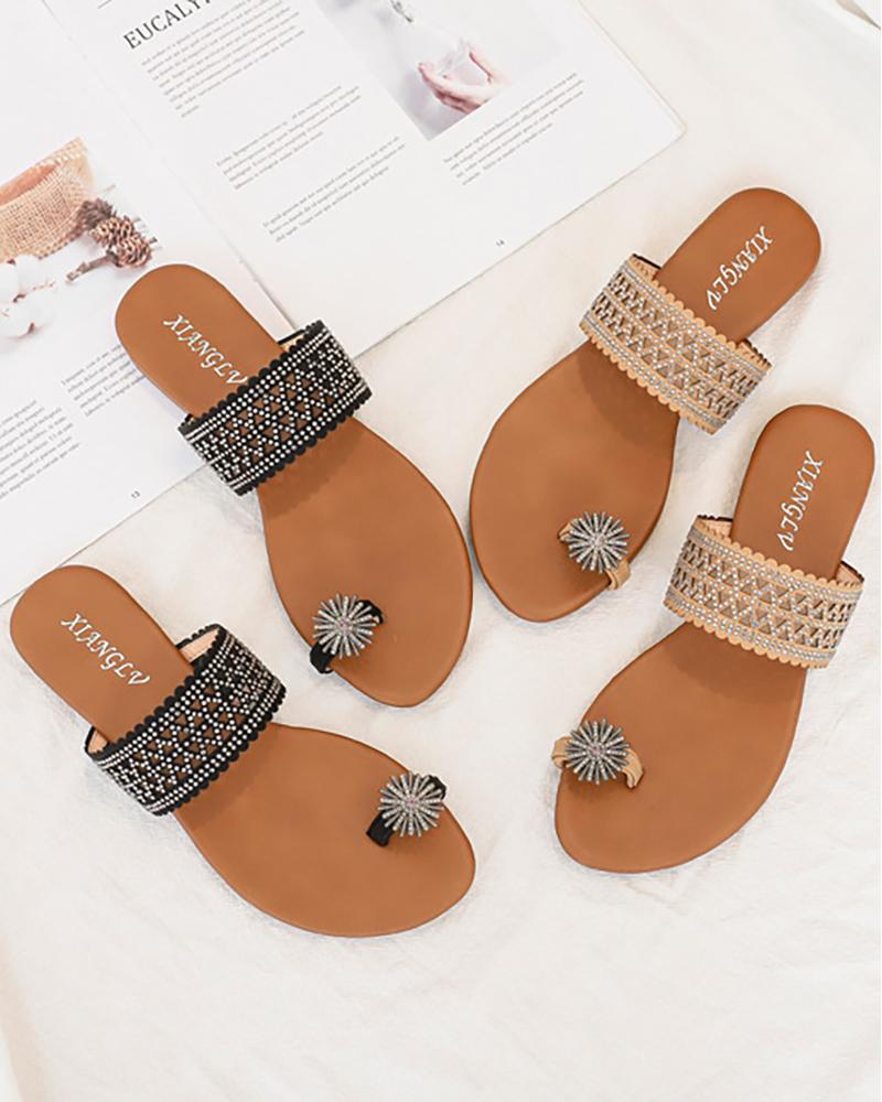 

Rhinestone Toe Ring Bohemian Beach Flip Flops, Black