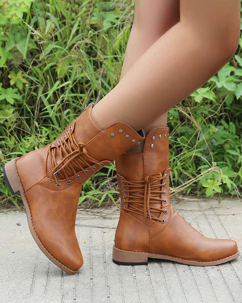 

Eyelet Lace-up Studded Cowboy Boots, Brown
