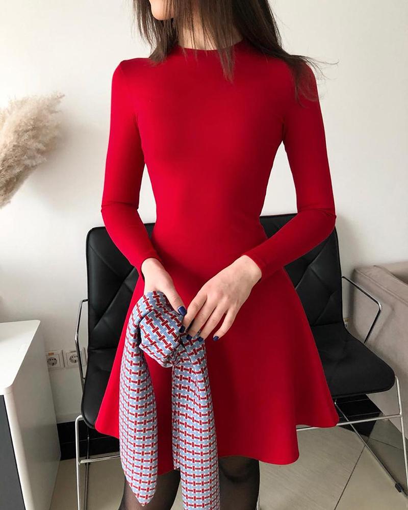 

Long Sleeve Plain Casual Dress, Red
