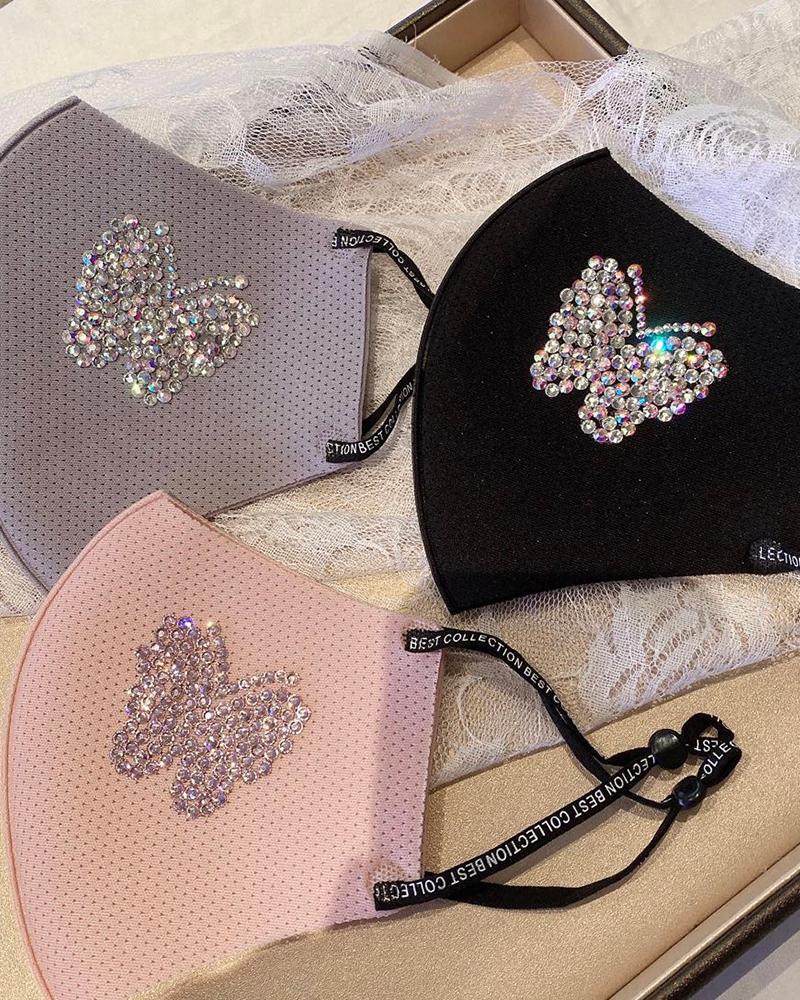 

Butterfly Pattern Rhinestone Breathable Mouth Mask, Black