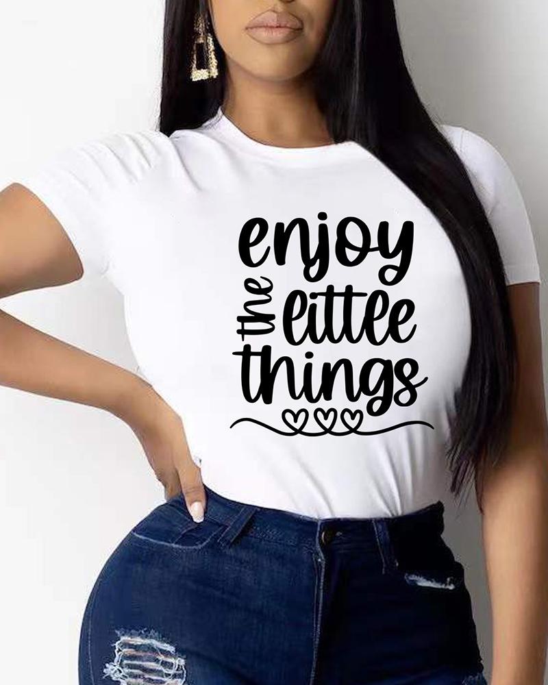 

Letter Heart Print O Neck Casual Top, White