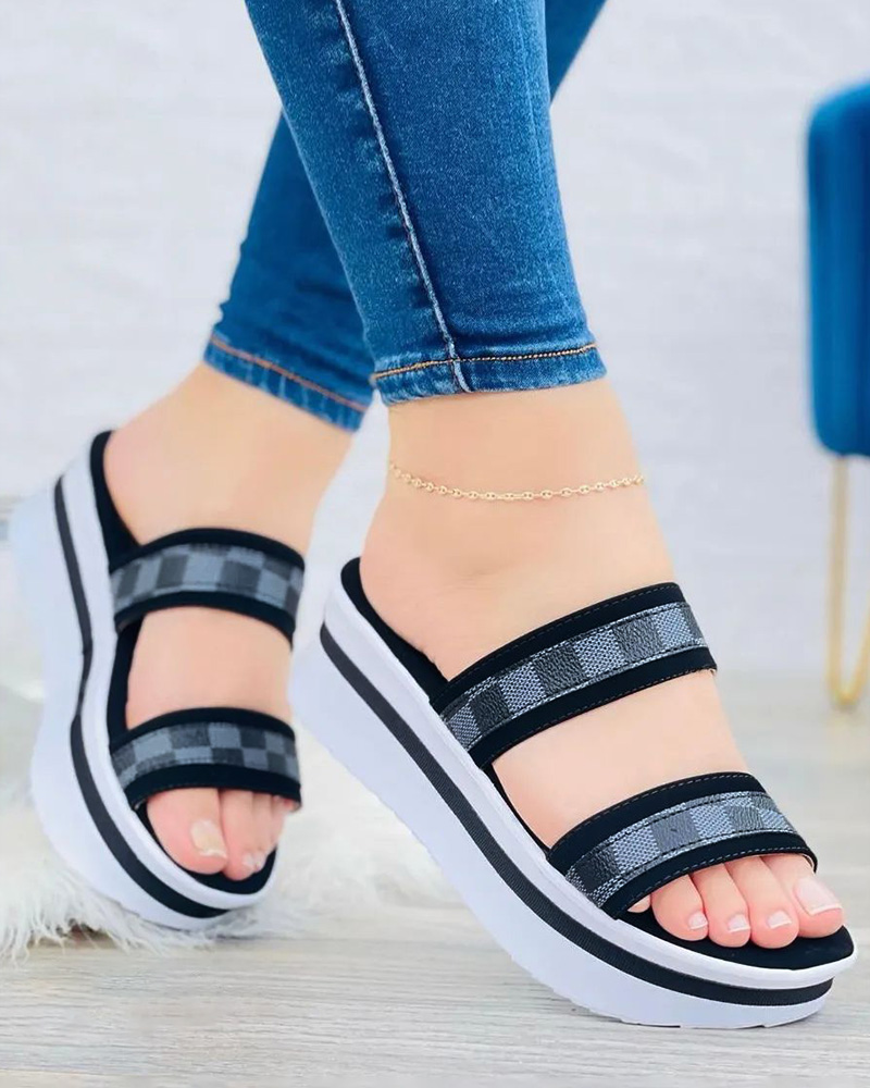

Plaid Double Strap Platform Wedge Sandals, Black