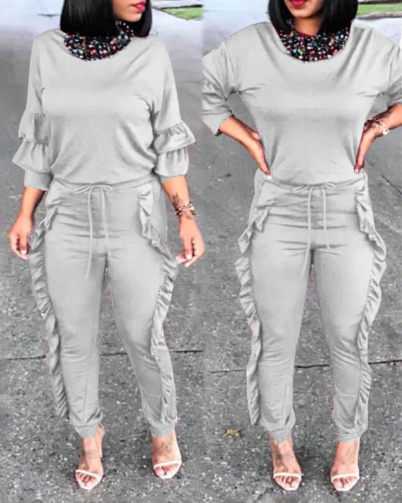 

Layered Ruffles Sleeve Top & Drawstring Frill Hem Pants Set, Gray