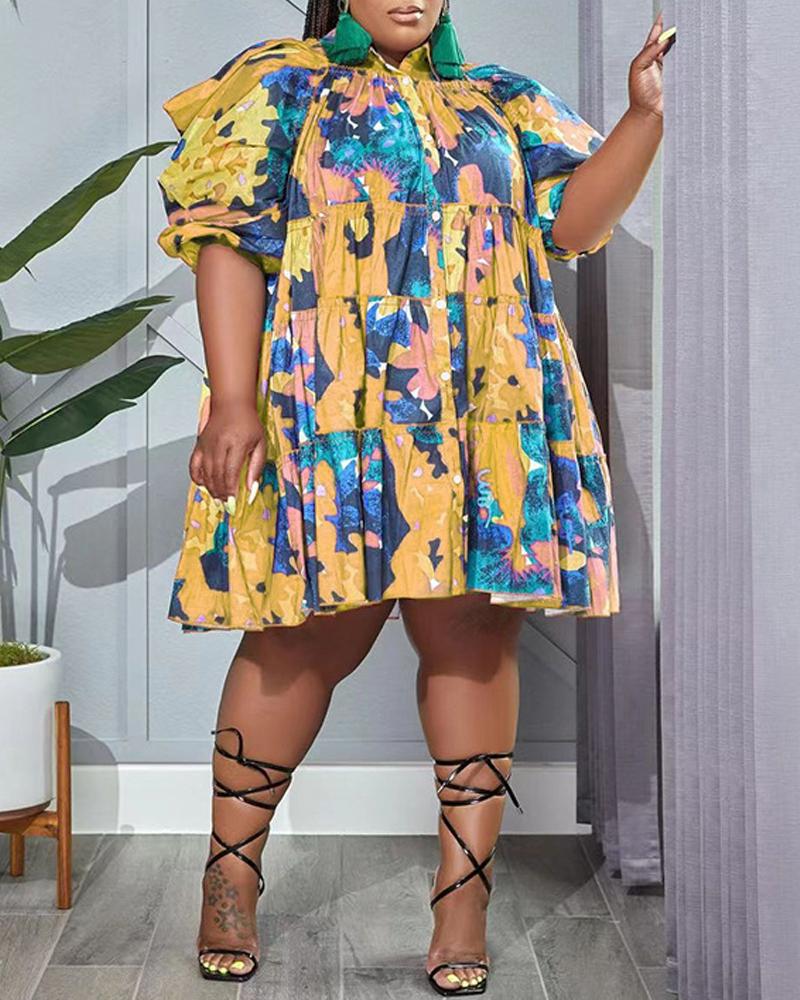 

Plus Size Allover Print Puff Sleeve Ruffle Hem Swing Dress, Yellow