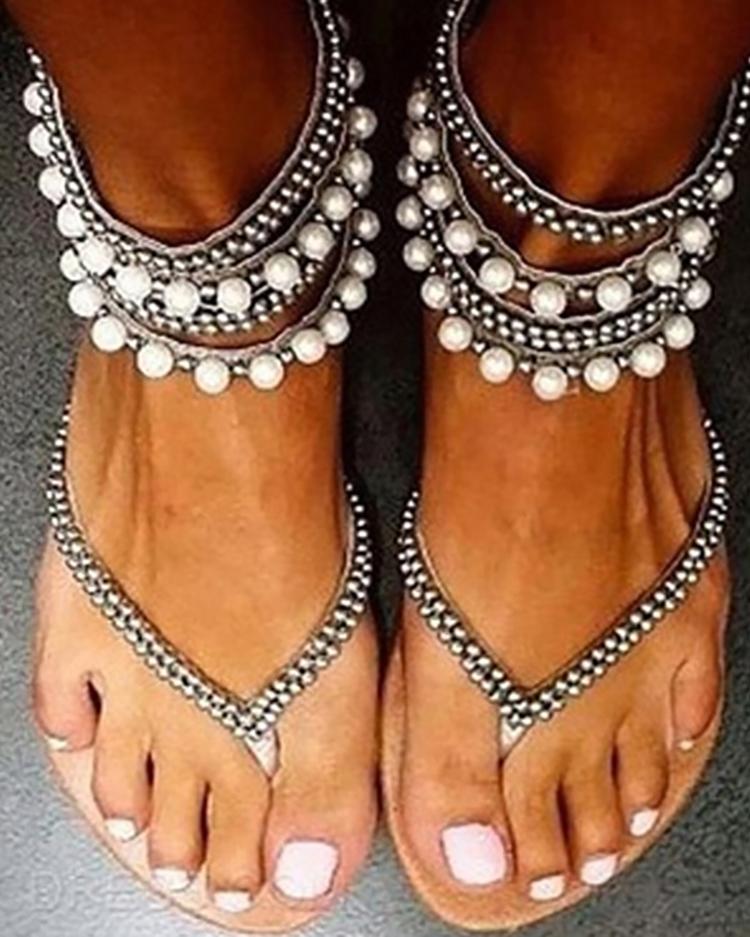 

Stylish Beading Embellished Ankle Strap Flip-flop Sandals, Black