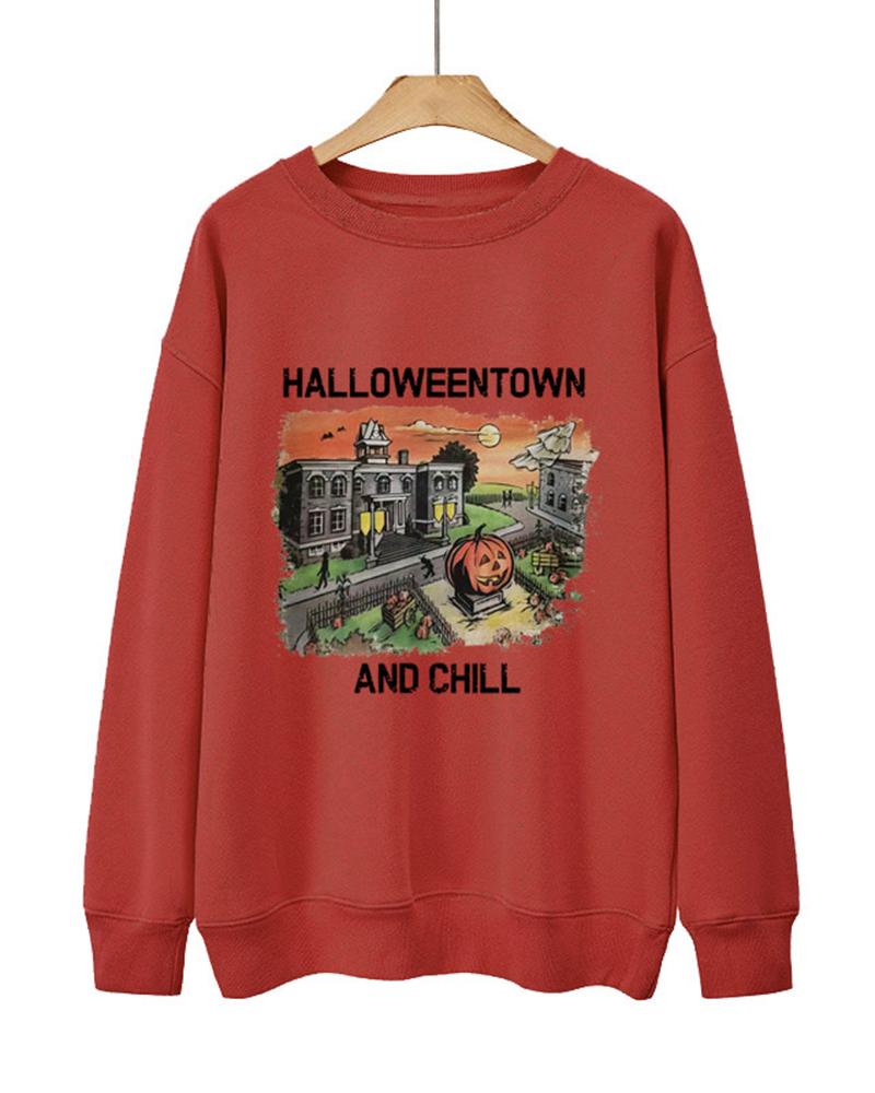 

Halloween Halloweentown And Chill Graphic Print Crew Neck Sweatshirt, Red