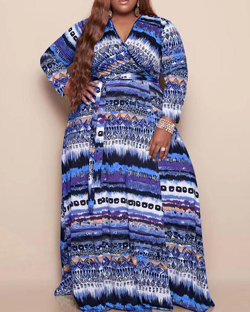

Plus Size Tribal Print Long Sleeve Wrap Maxi Dress, Blue