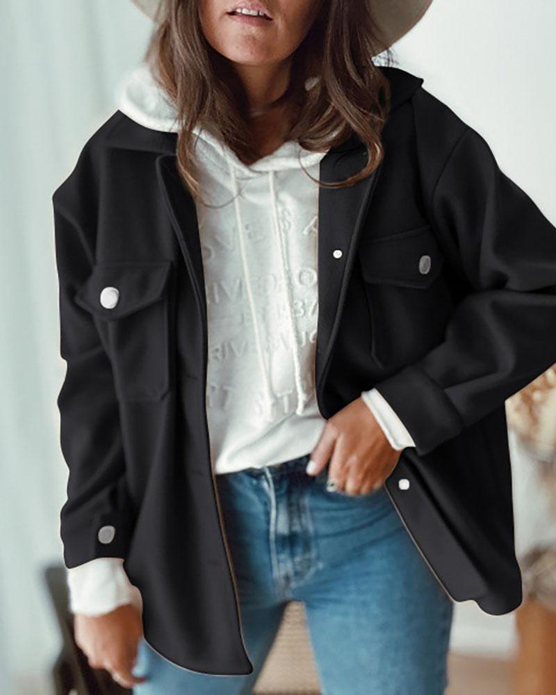 

Buttoned Pocket Design Long Sleeve Casual Coat, Black