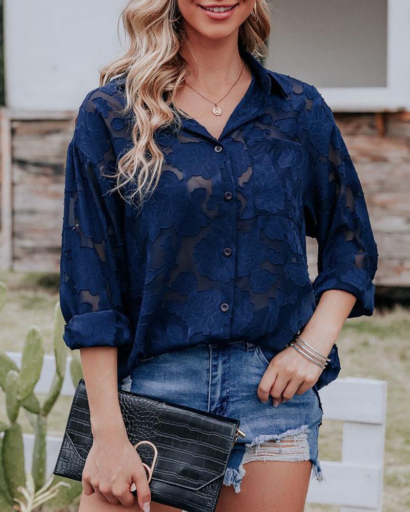 

Long Sleeve Floral Pattern Chiffon Top, Purplish blue