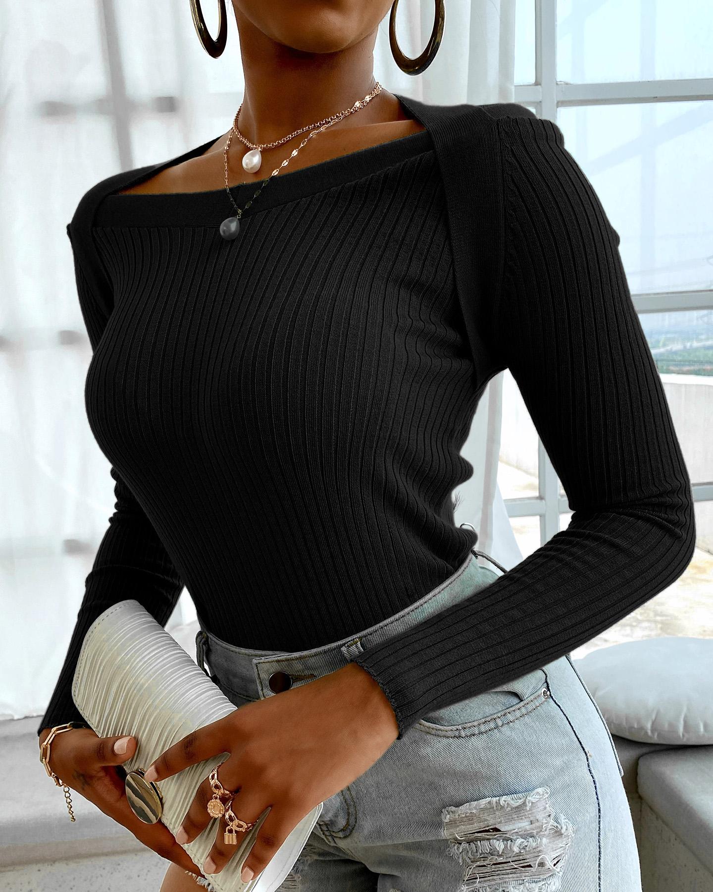 

Plain Halter Long Sleeve Knit Sweater, Black