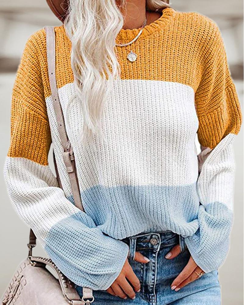 

Lantern Sleeve Colorblock Casual Knit Sweater, Yellow