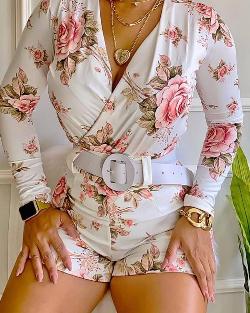 

Floral Print Long Sleeve Top & Shorts Set, White