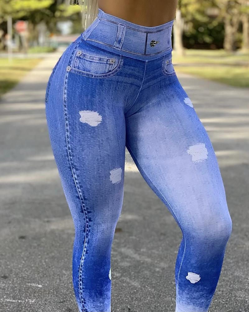 

High Waist Cutout Ripped Active Pants, Blue