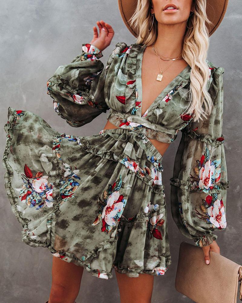 Floral Print Cutout Frill Hem Dress