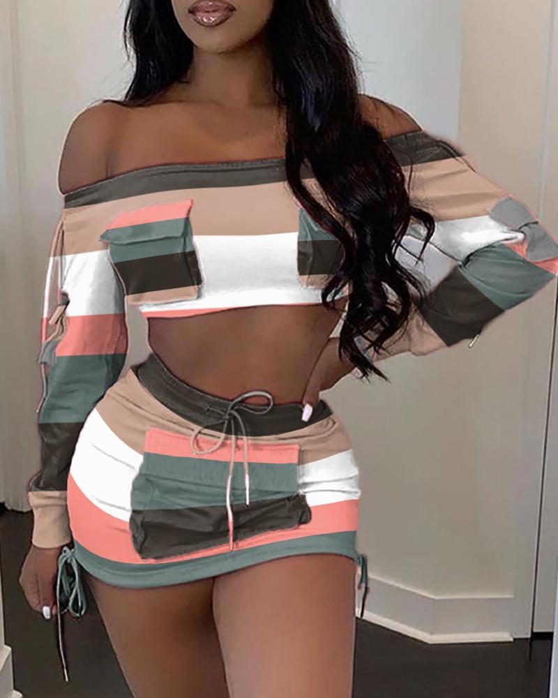 

Colorblock Off Shoulder Pocket Detail Long Sleeve Crop Top & Drawstring Skirt Set, Multicolor