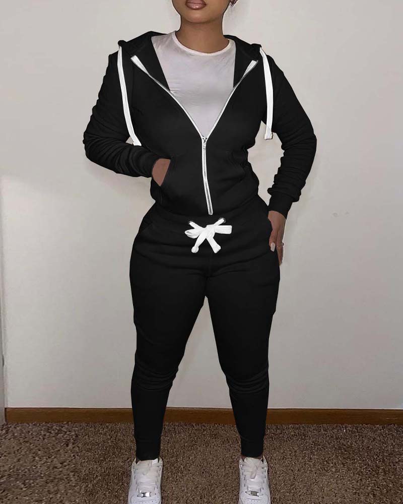 

Pocket Detail Zip Up Hooded Top & Drawstring Pants Set, Black