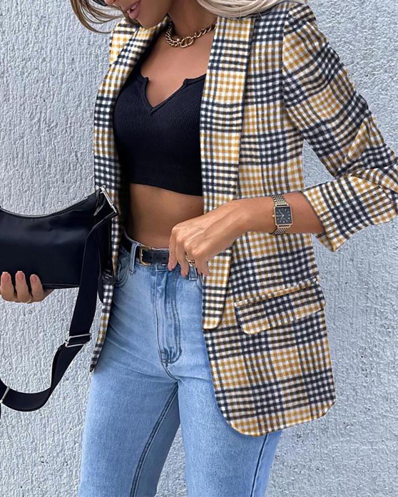 

Plaid Print Long Sleeve Blazer Coat, Black