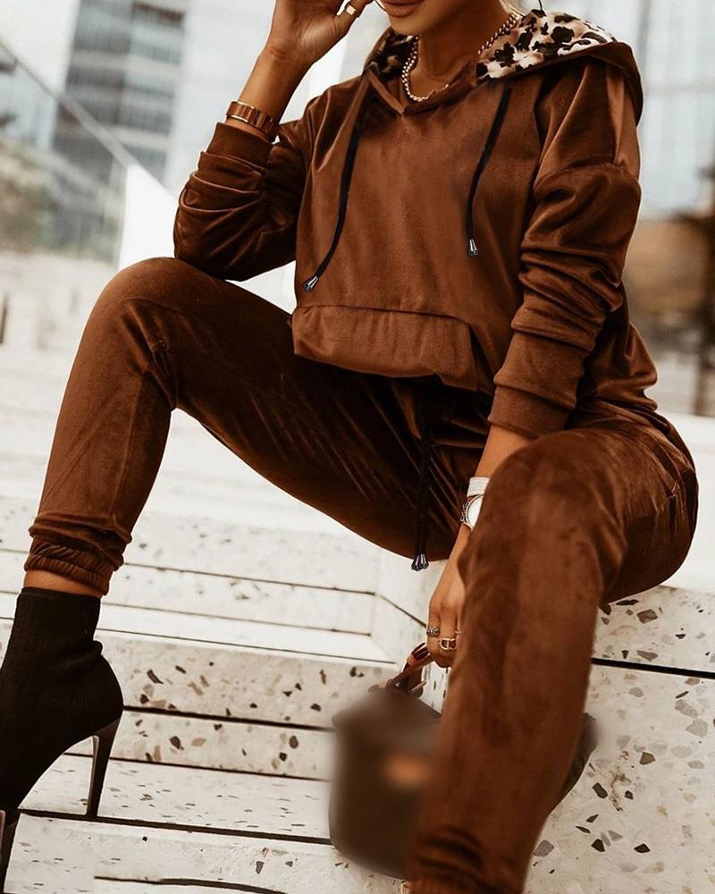 

Velvet Long Sleeve Crop Hoodie & High Waist Pants Set, Dark brown