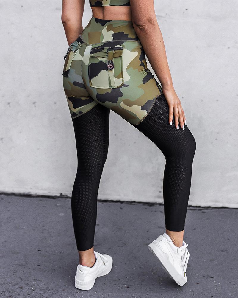 

Splicing Camouflage Skinny Yoga Pants, Army green