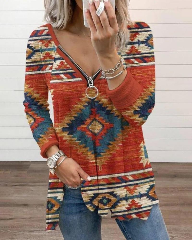 

Aztec Geometric Print Zip Detail Long Sleeve Top, Red