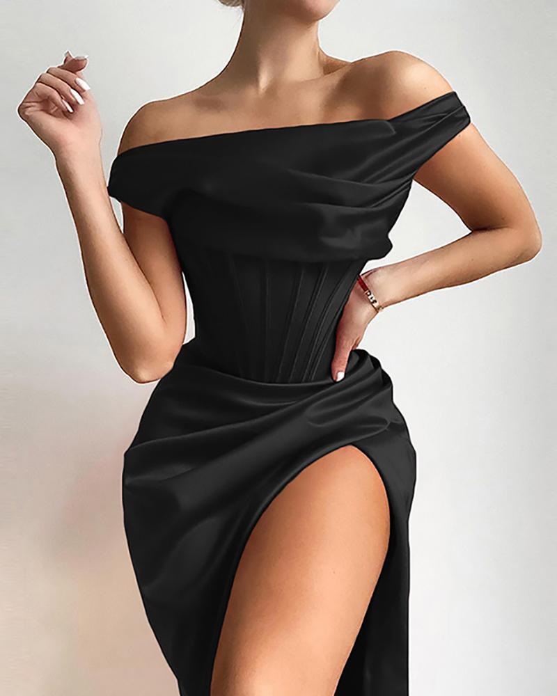 

Plain Off Shoulder Ruched High Slit Dress, Black