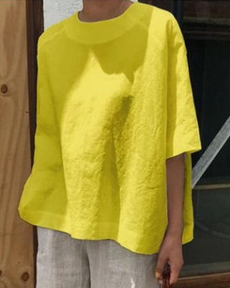 

Solid Round Neck Short Sleeve T-shirt, Yellow
