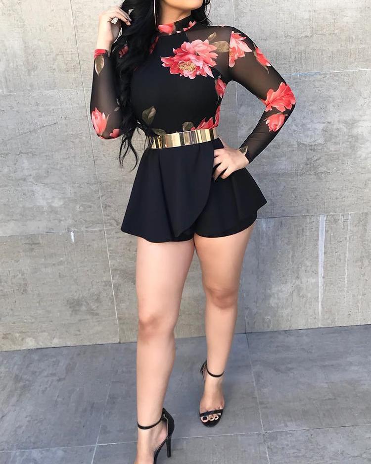 

Floral Print Mesh Cutout Back Pleated Playsuit, Black