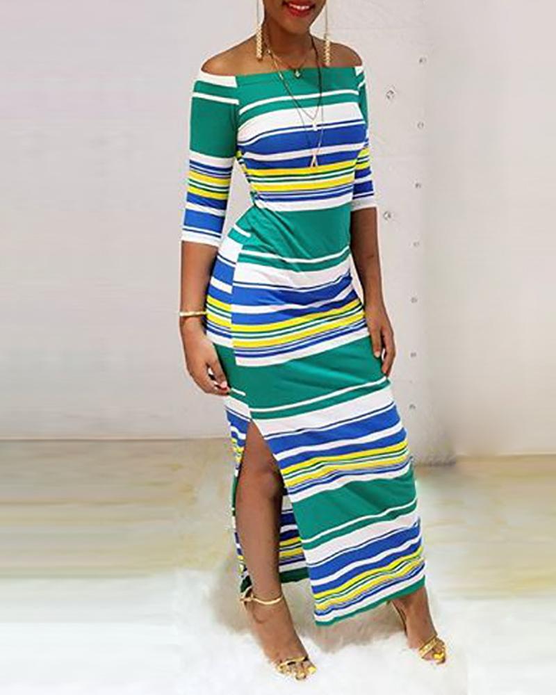 

Off Shoulder Multicolor Striped Side Slit Dress, Green