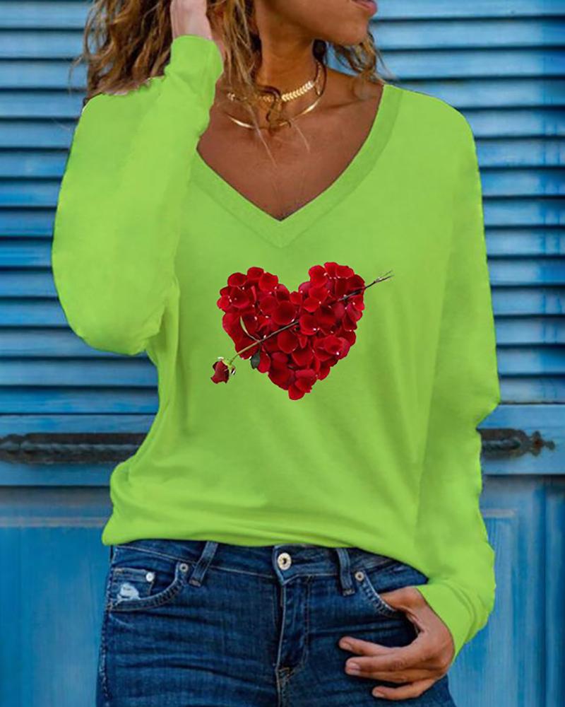 

Valentine' Day Rose Heart Print Long Sleeve Top, Green