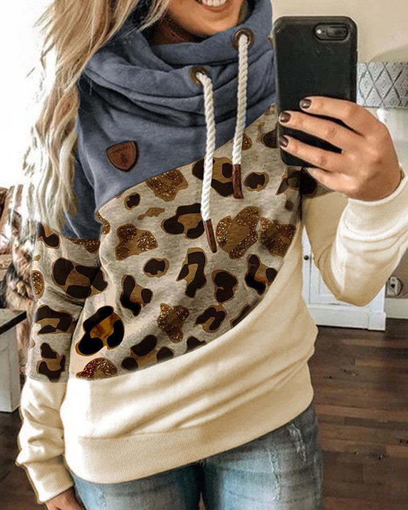 

Lantern Sleeve Colorblock Leopard Print Hooded Top, Blue