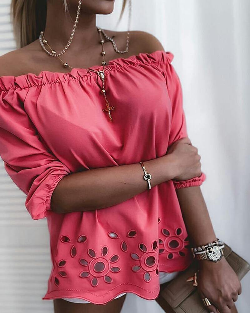 

Frill Hem Off Shoulder Eyelet Embroidery Top, Hot pink