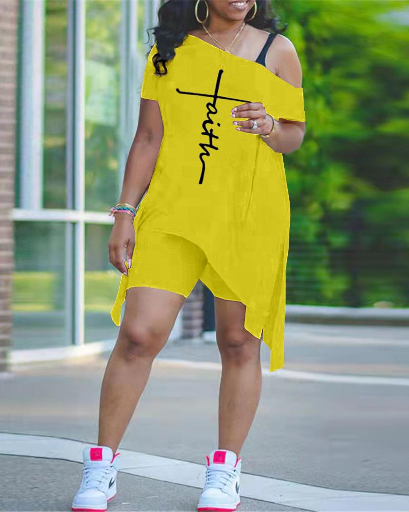 

Letter Print Split Hem Asymmetrical Top & Shorts Set, Yellow