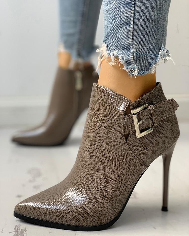 

Snakeskin Point Toe Thin Heeled Ankle Boots, Gray