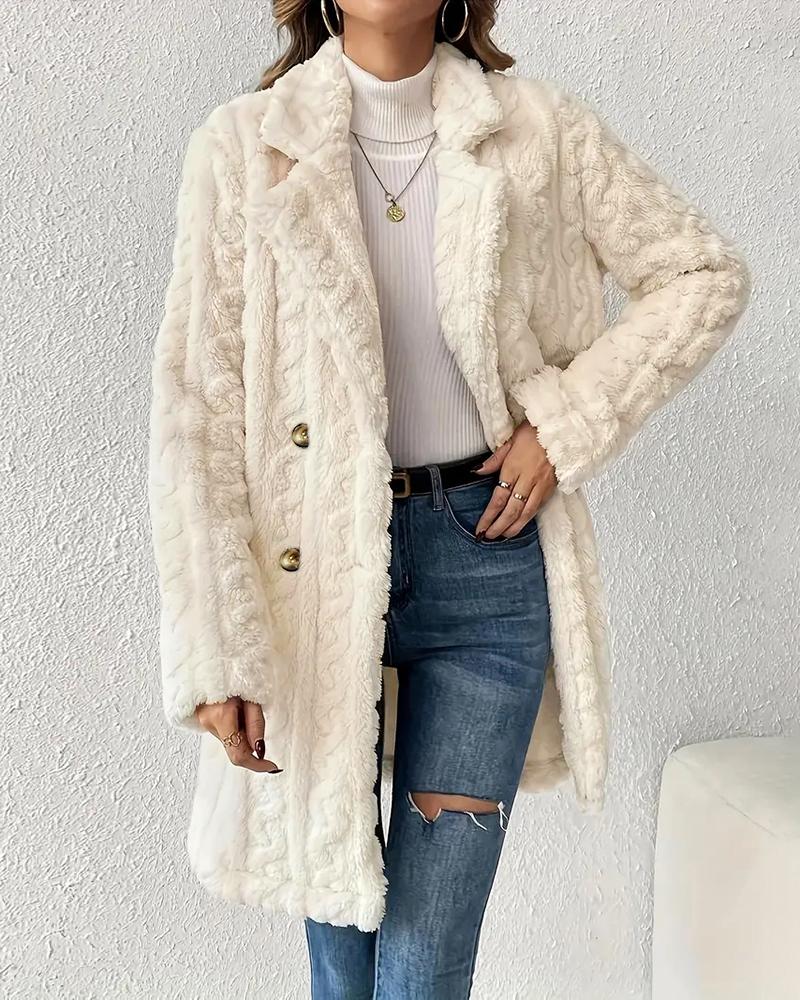 

Cable Textured Lapel Neck Double Breasted Fleece Longline Teddy Coat, Apricot