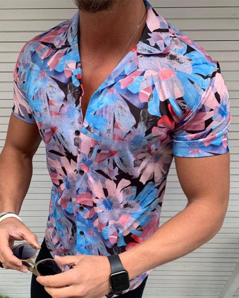 

3D Floral Print Short Sleeve T-shirt, Blue