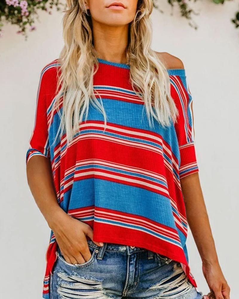 

Striped Colorblock One Shoulder Casual T-shirt, Red